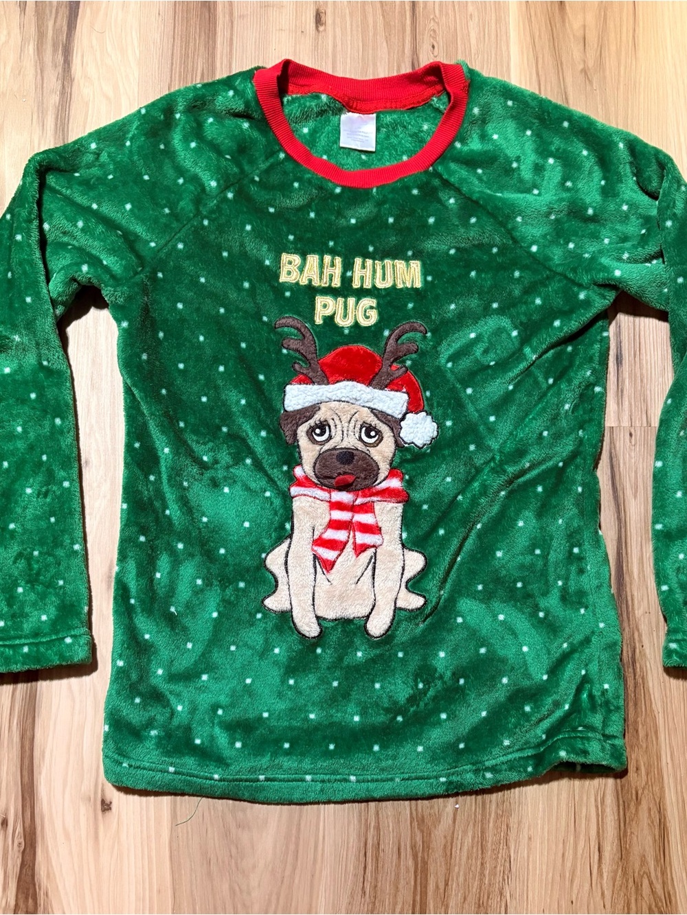 Secret Treasures Green Holiday Pug Pajama Top with Red Trim